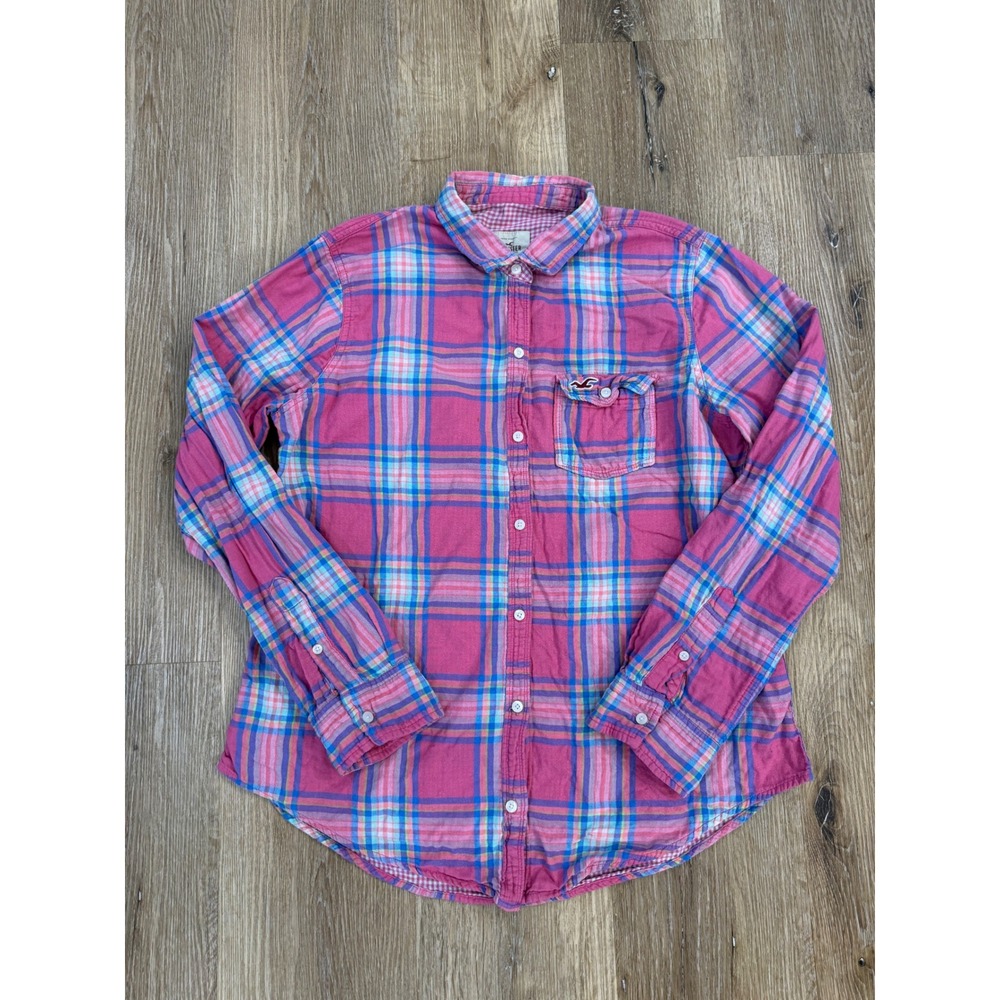 Hollister Preppy Coastal Y2K Gingham Plaid Button Down Shirt Women L Pink Blue